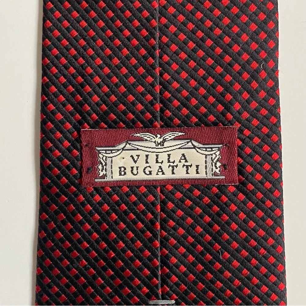 Villa Bugatti Tie 100% Italian Silk Vintage Necktie Red Black Checked Italy